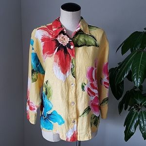 Chico's Floral 100% Linen Button-Down Shirt